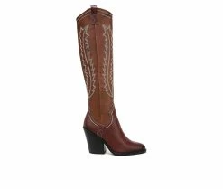 Best Pirce ⭐ Women's Franco Sarto Glenice Knee High Heeled Western 🥾 Boots Brown 🔔