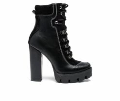 Outlet 🧨 Women's London Rag Yeti Lace Up Heeled Moto Booties Black 🎁