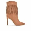 Cheap 🔔 Women's Nine West Tries Heeled Fringe Booties Cognac Suede ❤️