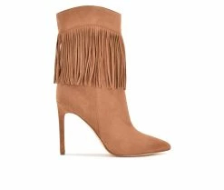 Cheap 🔔 Women's Nine West Tries Heeled Fringe Booties Cognac Suede ❤️
