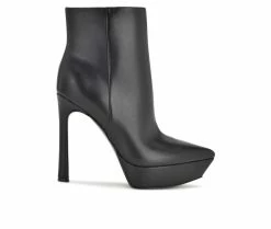 Discount 🔔 Women's Nine West Loraa Heeled Platform Booties Black Leather 🎉